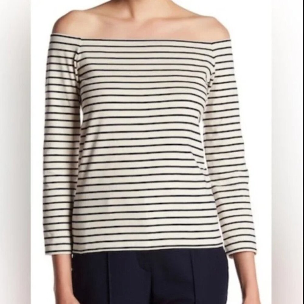 Theory Navy Striped Off Shoulder Long Sleeve Top